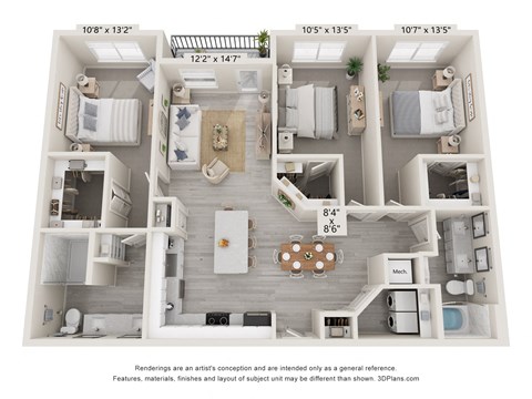 Floor plan for 3 beds, 2 baths, 1481 sqft